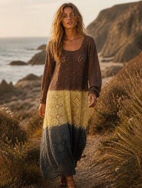 Ombre Crochet Midi Dress in Brown, Yellow & Gray